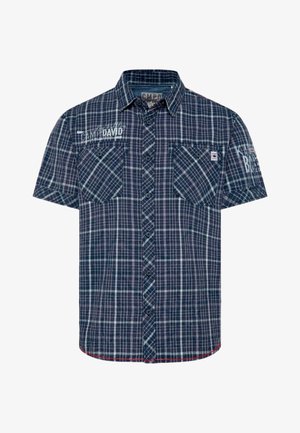 Kurzärmeliges kariertes Hemd in Marineblau und Hellblau. Verfügt über zwei Brusttaschen und vordere Knöpfe. Dezente Logoakzente in der Nähe der Schultern.