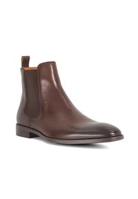 Brown leather Chelsea boot with smooth finish, elastic side panels, and pull tab at the heel. Square toe and low stacked heel.
