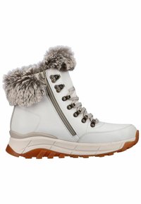 Weiße Leder-Stiefelette mit Kunstfellkragen, Reißverschluss und metallenen Schnürhaken. Strukturierte Gummisohle mit brauner Umrandung.