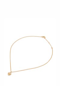 Collana in oro con un design delicato, caratterizzata da un piccolo ciondolo con motivo a cuore e corona, texture liscia e chiusura regolabile.