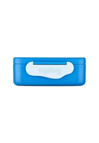 Blue rectangular lunchbox made of plastic, featuring a white lid and ergonomic handle. Branding visible on the side. Smooth texture.