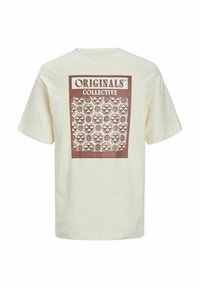 T-shirt di cotone color crema con una grande stampa grafica marrone caratterizzata da motivi geometrici e il testo "ORIGINALS COLLECTIVE" sul retro.