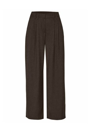 Brown wide-leg trousers with pleat detailing, tailored waistband, and soft texture, designed for a relaxed fit.