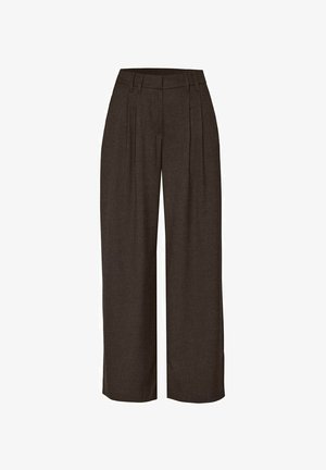 Brown wide-leg trousers with pleat detailing, tailored waistband, and soft texture, designed for a relaxed fit.