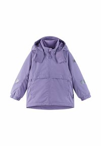 Fioletowa kurtka ocieplana z kapturem, elastycznymi mankietami, zamek błyskawiczny z przodu oraz odblaskowymi akcentami na rękawach. Wykonana z materiału syntetycznego.