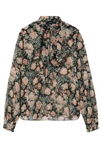Camicia trasparente a maniche lunghe con sfondo nero, stampa floreale rosa e beige, yoke arricciato e dettaglio al collo con laccio.