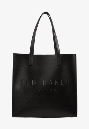 Sac fourre-tout en cuir noir avec longues anses, arborant le logo embossé "Ted Baker London" sur le devant.