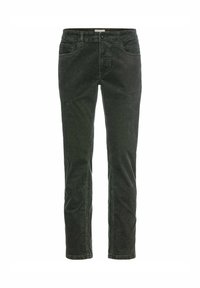 Jeans vert foncé en tissu mélangé de coton. Coupe droite avec deux poches avant et une braguette zippée. Texture subtile et détails de couture.