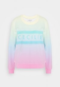 Gradient sweatshirt med en ljusgul till rosa ombre-design. "CECILIE" tryckt över bröstet i ljusblått. Mjuk tyg med ribbade muddar.