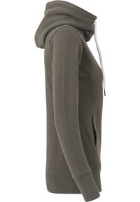 Olive green hoodie with a drawstring hood, long sleeves, side pockets, ribbed cuffs and hem, made from a soft, textured fabric.