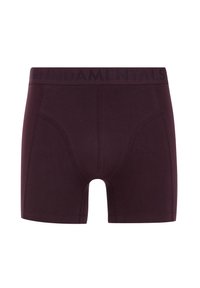 Boxeri maroon dintr-un material moale, cu un elastic lat pe talie inscripționat cu logo-ul „FUNDAMENTALS” și detalii cusute. Fără modele sau accente.