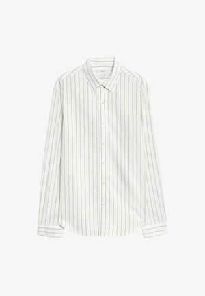 Weißes langärmliges Hemd mit feinen senkrechten grauen Streifen, spitzen Kragen und durchgängig geknöpfter Vorderseite. Verfügt über gemüffte Ärmel und eine glatte Textur.