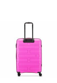 Hard-shell pink suitcase with grooved design, black retractable handle, and four wheels for mobility. Compact and functional travel accessory.