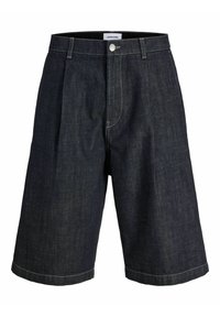 Temno modri jeans kratke hlače do kolen z zankami za pas, sprednjim gumbom in zadrgo, z drobnimi šivnimi detajli.