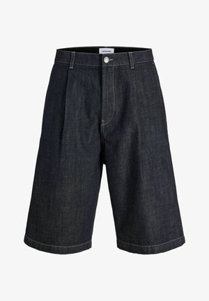 Tmavomodré rifleové šortky po kolená s pútkami na opasok, predným gombíkom a zipsom, s jemným prešitím.