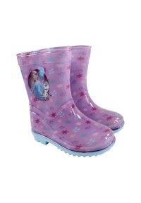 Bottes de pluie roses pour enfants avec des semelles bleues, décorées de flocons de neige et des personnages d'Hannah et Olaf sur les côtés.