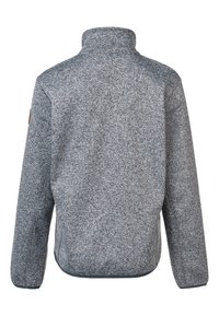 Grå fleecejacka med hög krage och en strukturerad yta. Funktioner inkluderar långa ärmar och en rundad nederkant med en subtil logotypdetalj på ärmen.