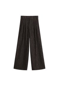 Pantalones amplios de color marrón oscuro con un sutil patrón abstracto negro, de tiro alto y con passantes para cinturón, exhibidos de forma plana sobre un fondo blanco.