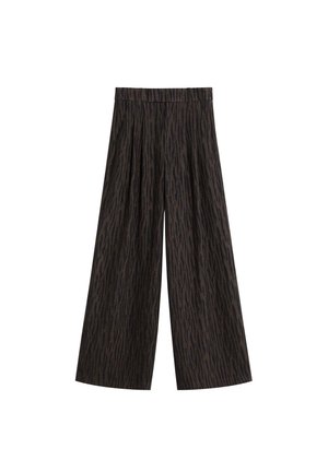 Pantalones amplios de color marrón oscuro con un sutil patrón abstracto negro, de tiro alto y con passantes para cinturón, exhibidos de forma plana sobre un fondo blanco.