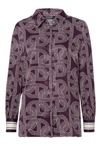 Blouse à manches longues violette avec un motif abstrait blanc. Elle possède un col, une patte de boutonnage à l'avant, et des poignets rayés avec une texture de tissu lisse.