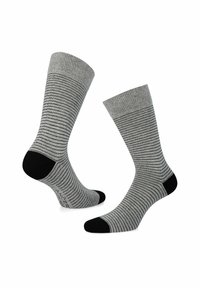 Szare skarpetki z poziomymi czarnymi paskami, ribbowanymi mankietami oraz jednolitymi czarnymi akcentami na palcach i piętach. Miękka dziana tkanina.