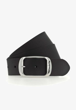 Cinturón sintético negro con hebilla rectangular plateada, logotipo grabado y múltiples agujeros de ajuste a lo largo de la correa para flexibilidad en el tamaño.