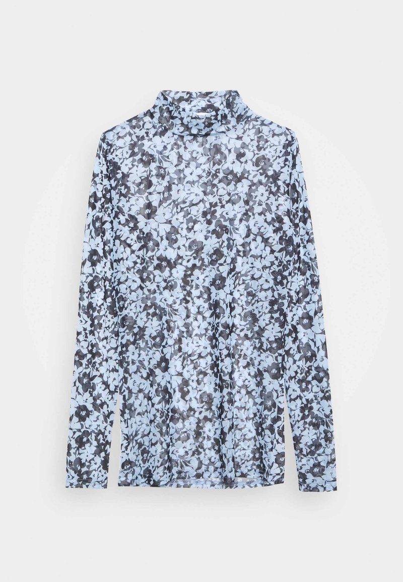 Long-sleeve, high-neck top made of sheer fabric featuring a light blue background with dark floral patterns throughout.