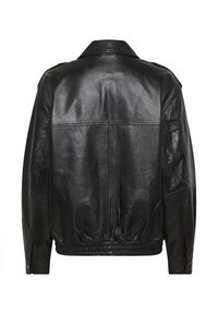 Veste en cuir noir avec ourlet élastique, poignets boutonnés et une couture droite dans le dos, vue de dos sur fond blanc.