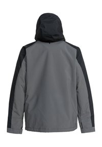Veste grise avec une capuche, présentant des accents noirs sur les épaules et les manches, texture lisse et coupe standard.
