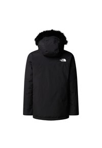 Μαύρο μπουφάν παρκά με κουκούλα επενδυμένη με γούνα, με λείο εξωτερικό, μακριά μανίκια και λογότυπο στο πάνω μέρος της πλάτης. Απλός και λειτουργικός σχεδιασμός.