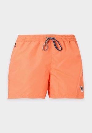 Short de bain orange vif avec taille élastique et cordon bleu, avec un petit logo zèbre sur la jambe inférieure droite.