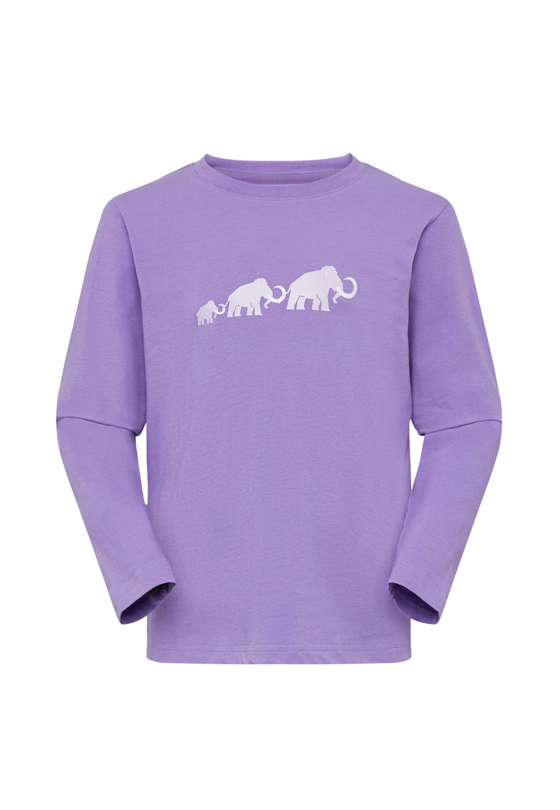 Lila langärmliges Shirt aus weichem Stoff; zeigt ein Grafik von drei Elefanten in Weiß über der Brust.