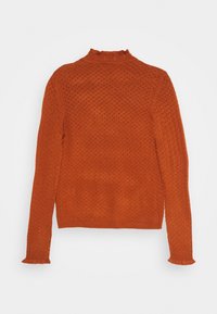 Pull tricoté orange à manches longues et col montant. Présente un motif texturé et des poignets volantés. Vue de dos affichée.