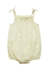 Cvečni romper v svetlo rumeni barvi, z nabranim trupom in vezanjem na ramenih. Poudarjen z majhnimi zelenimi listi in rumenimi cvetovi.
