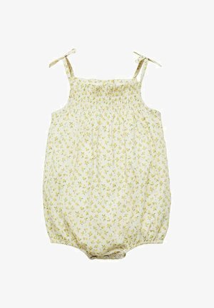 Květinový overal v světle žluté barvě, s nařaseným živůtkem a zavazováním na ramenou. Ozdobený malými zelenými listy a žlutými květinami.