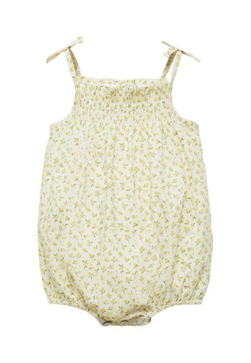 Cvečni romper v svetlo rumeni barvi, z nabranim trupom in vezanjem na ramenih. Poudarjen z majhnimi zelenimi listi in rumenimi cvetovi.
