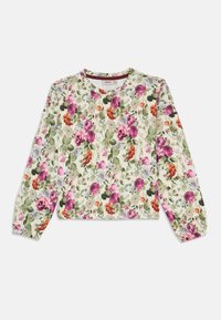 Blomstermønstret langermet topp i kremstoff, med lilla, rosa, oransje og grønne blomster, rund halslinje og elastiske ermer.