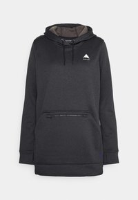 Tmavošedá mikina s kapucňou vyrobená z mäkkej tkaniny, s nastaviteľnou kapucňou, prednou zipsovou vreckom a malým bielym logom hory na hrudi.