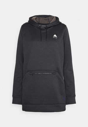 Haut à capuche gris foncé en tissu doux, avec un capuchon à cordon, une poche zippée à l'avant et un petit logo blanc de montagne sur la poitrine.
