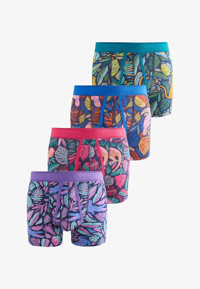 Vier Herrenslips mit bunten tropischen Blatt- und Tiermustern, jeweils mit einem unterschiedlich farbigen Bund.