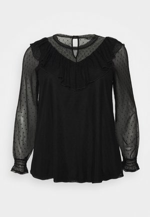 Černá blůza s průhlednými rukávy s puntíky a volánkovým výstřihem. Má zapínání na knoflíky na zadní straně a elastické manžety. Měkká, splývavá látka.
