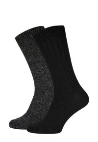 Zwei Paare gerippte Socken: ein paar einfarbig schwarz, das andere dunkelgrau mit einem dezenten Muster. Beide sind gestrickt und haben die typische Sockenform.