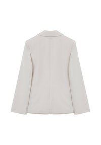 Hellegrauer, maßgeschneiderter Blazer mit langen Ärmeln, Reverskragen und sauberen Nähten. Glatte Textur mit minimalistischer Gestaltung und ohne sichtbare Beschläge.