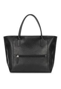 Sac fourre-tout en cuir noir au texture granuleuse, avec deux poignées et une poche zippée à l'avant. Shape rectangulaire avec des bords lisses et un design minimal.