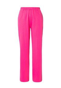 Pantalons roses, légers, à taille élastique avec une coupe droite. Fabriqués en tissu doux, présentant une texture lisse et sans motifs visibles.