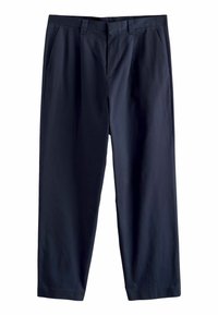 Marineblauwe broek met een gladde textuur, voorzien van twee voorzakken, geplooid ontwerp en een rechte pijp.