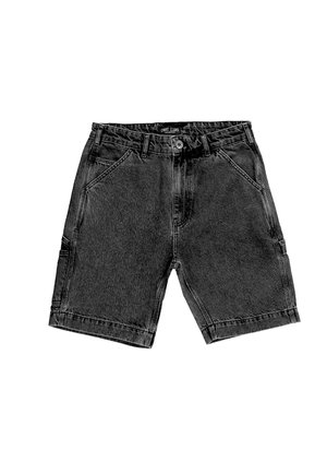 Zwarte spijkerbermuda met een rechte snit, voorzien van twee voorzakken, een knoop- en ritsluiting, en stiksels langs de randen.