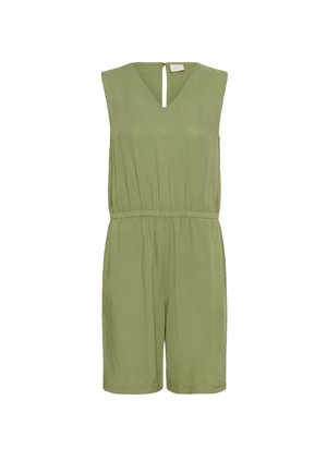 Oliivivihreä olkahihnatön haalari, jossa on V-mallinen kaula-aukko, elastinen vyötärö ja lyhyet lahkeet. Takana on avainreikäyksityiskohta ja pehmeä kangas.