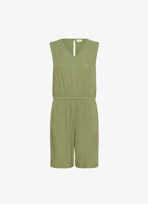 Oliivivihreä olkahihnatön haalari, jossa on V-mallinen kaula-aukko, elastinen vyötärö ja lyhyet lahkeet. Takana on avainreikäyksityiskohta ja pehmeä kangas.