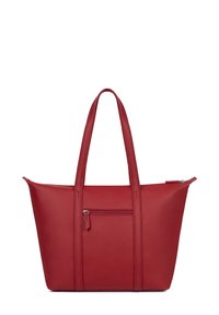 Rode leren totebag met dubbele handvatten, een ritssluiting vooraan, en een gladde textuur. Kenmerkt zich door gestikte accenten langs de zijkanten.